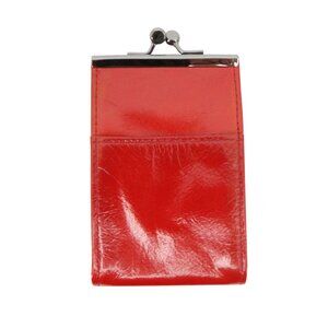 Red Leather Gunmetal Silver Tone Kiss Lock Pouch Wallet